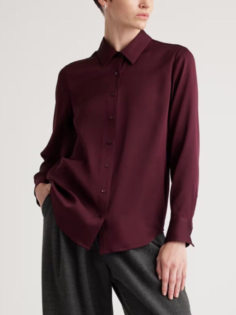 Quince Washable Stretch Silk Blouse Top Wine Tasting Red Button Up Size Medium